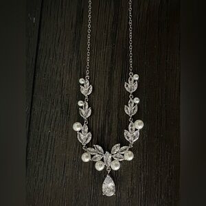 pearl cubic zirconia leaf necklace and earring set